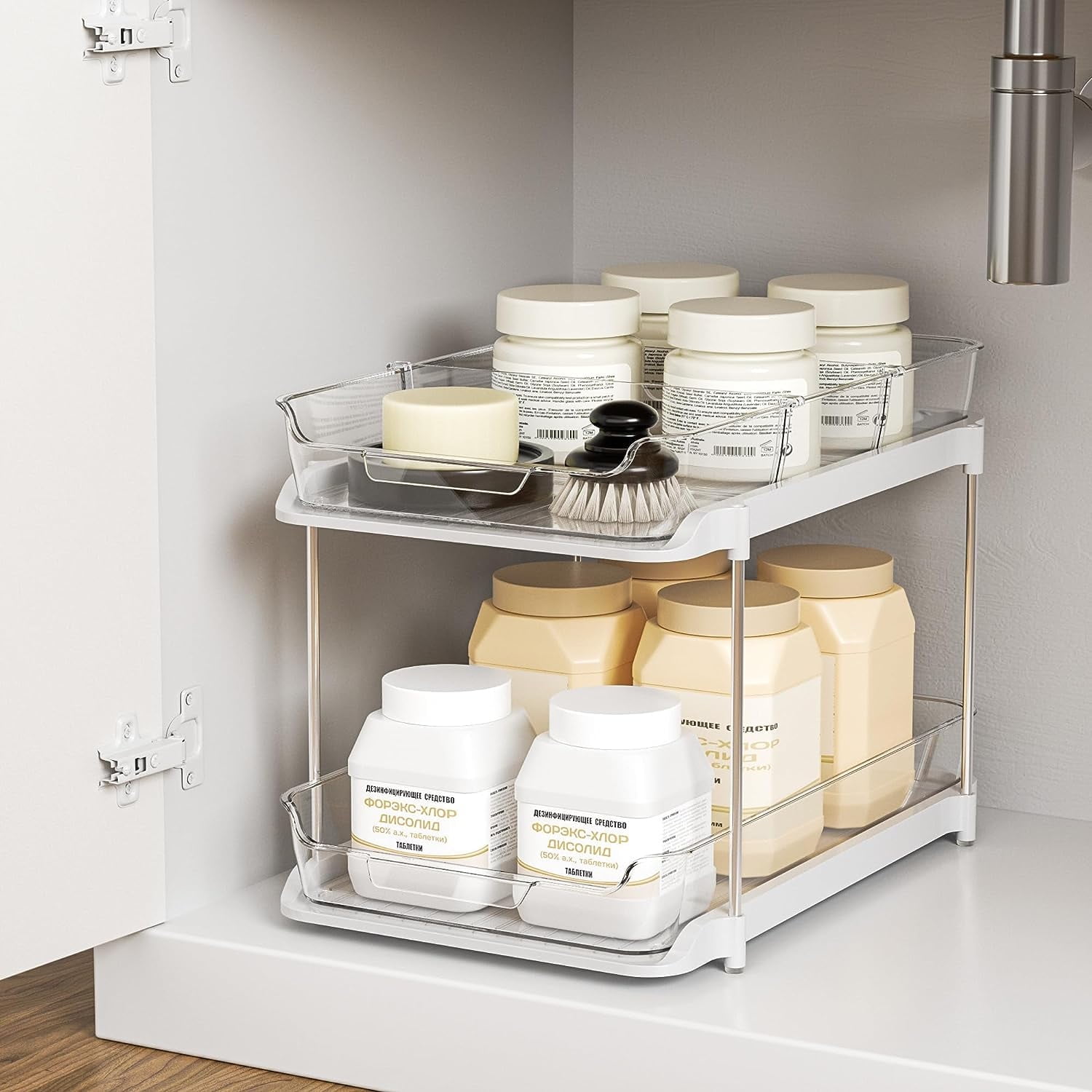 Clear Under Sink Organizers, Delamu 2-Tier Sliding Drawer Under the Counter Bathroom Storage with Divider Stackable, 1 Pack