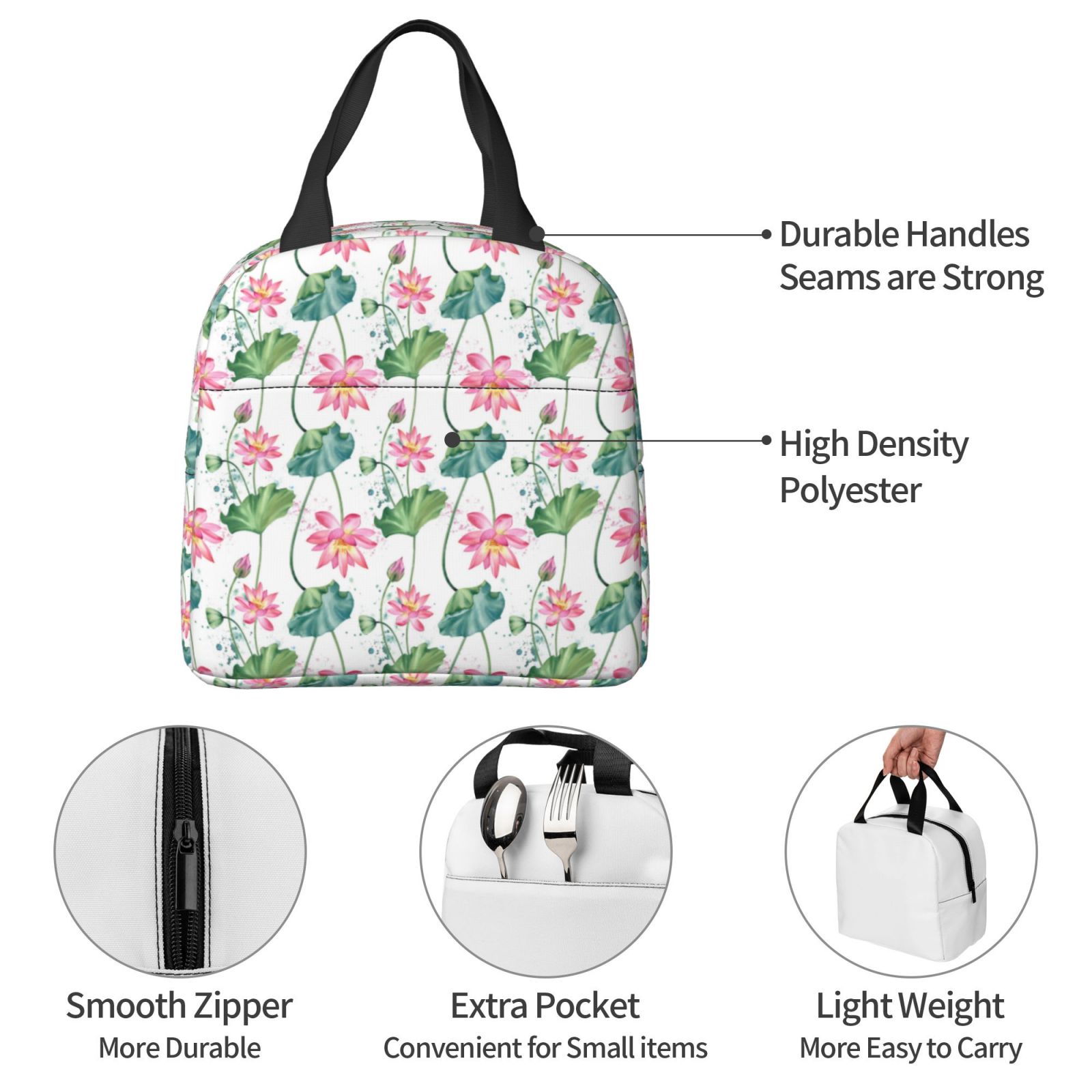 Naloa Lotus Flower Print Lunch Box for Women Men,Insulated Lunch Bag,Lunchbox,Thermal Leakproof Cooler,Reusable Lunch Tote Bag for Work School Travel Picnic