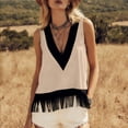 thumbnail image 2 of Vivianyo HD Women's Deep V-Neck Fringe Trim Sleeveless Tank Top, Western Boho Color Block Casual Vest Top, Women's Beige, Sizes S-2XL, 2 of 8