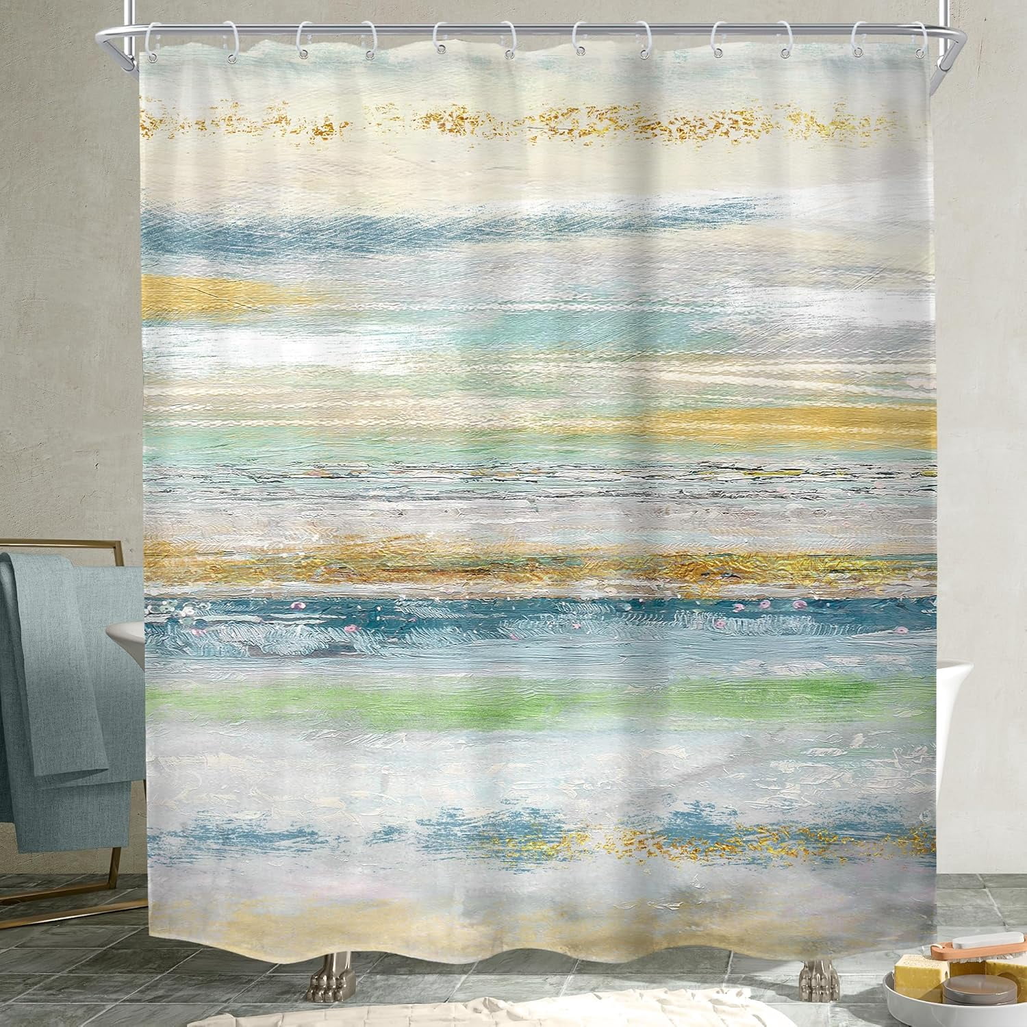Abstract Seascape Shower Curtain for Bathroom Decor 72Wx72H Inches Oil Painting Sun Ocean Beach Waves Coastal Seaside Aesthetic Minimalist Modern Gold Fabric Waterproof Polyester 12 Pack Hooks