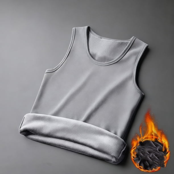 Ropa interior térmica para hombre, camisetas de invierno de color liso con cuello redondo, ropa interior cálida y gruesa de terciopelo, camiseta deportiva sin mangas con hombros descubiertos, camiseta