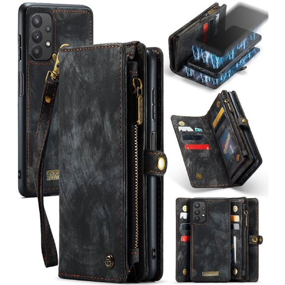 Case for Samsung Galaxy A32 5G Wallet Cover Trifold with Detachable Card Holder TPU PC Handmade Leather Zipper Strong Magnetic