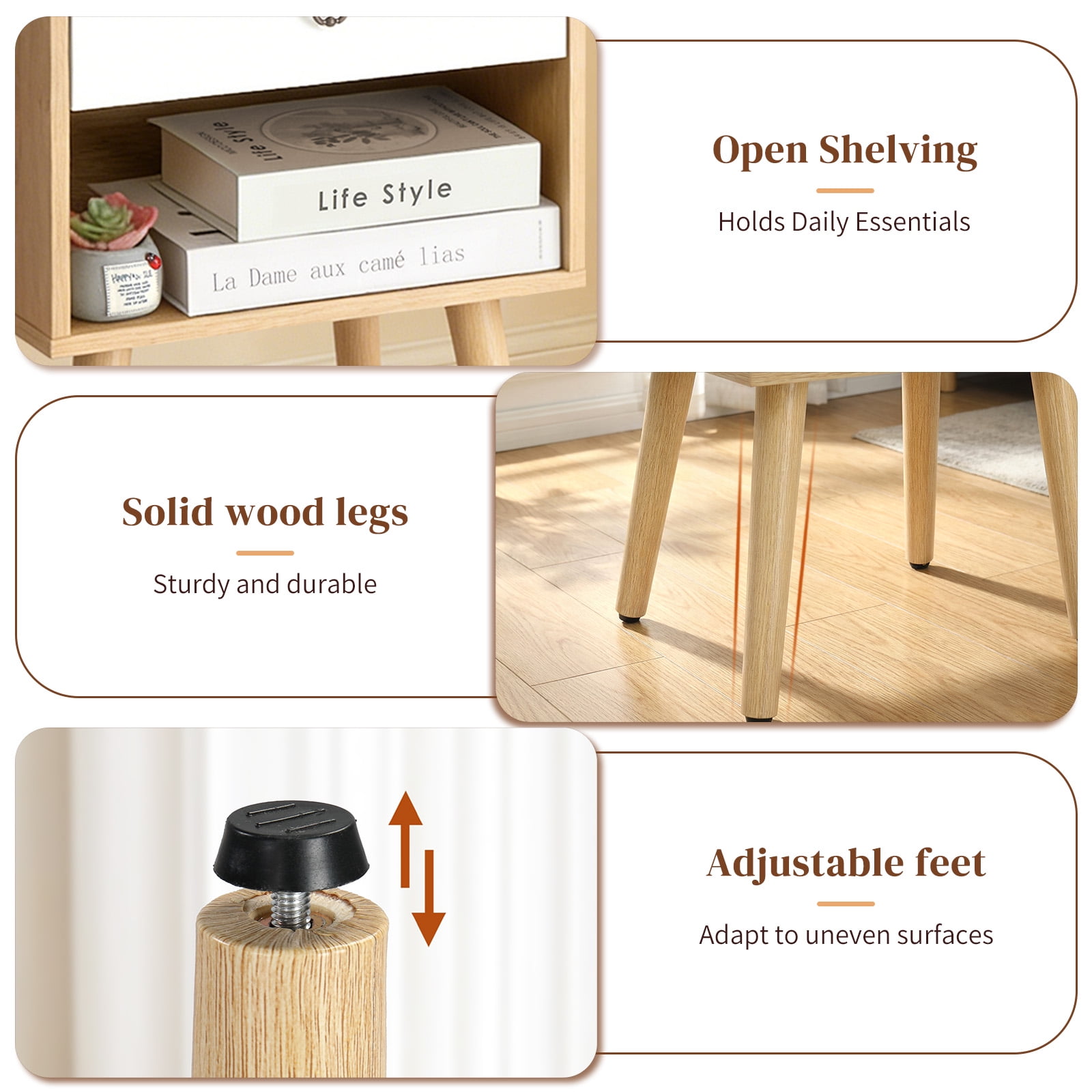 Ktaxon Wooden Night Stand Side End Table Storage Shelf with One Drawer Night Stand Sets of 1, Oak