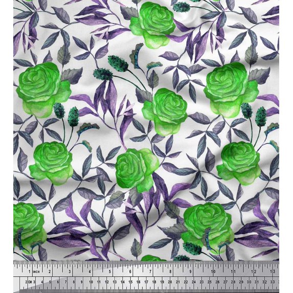 Soimoi polyester Crepe Fabric Leaves & Rose Flower Print Fabric by Yard 52 Inch Wide