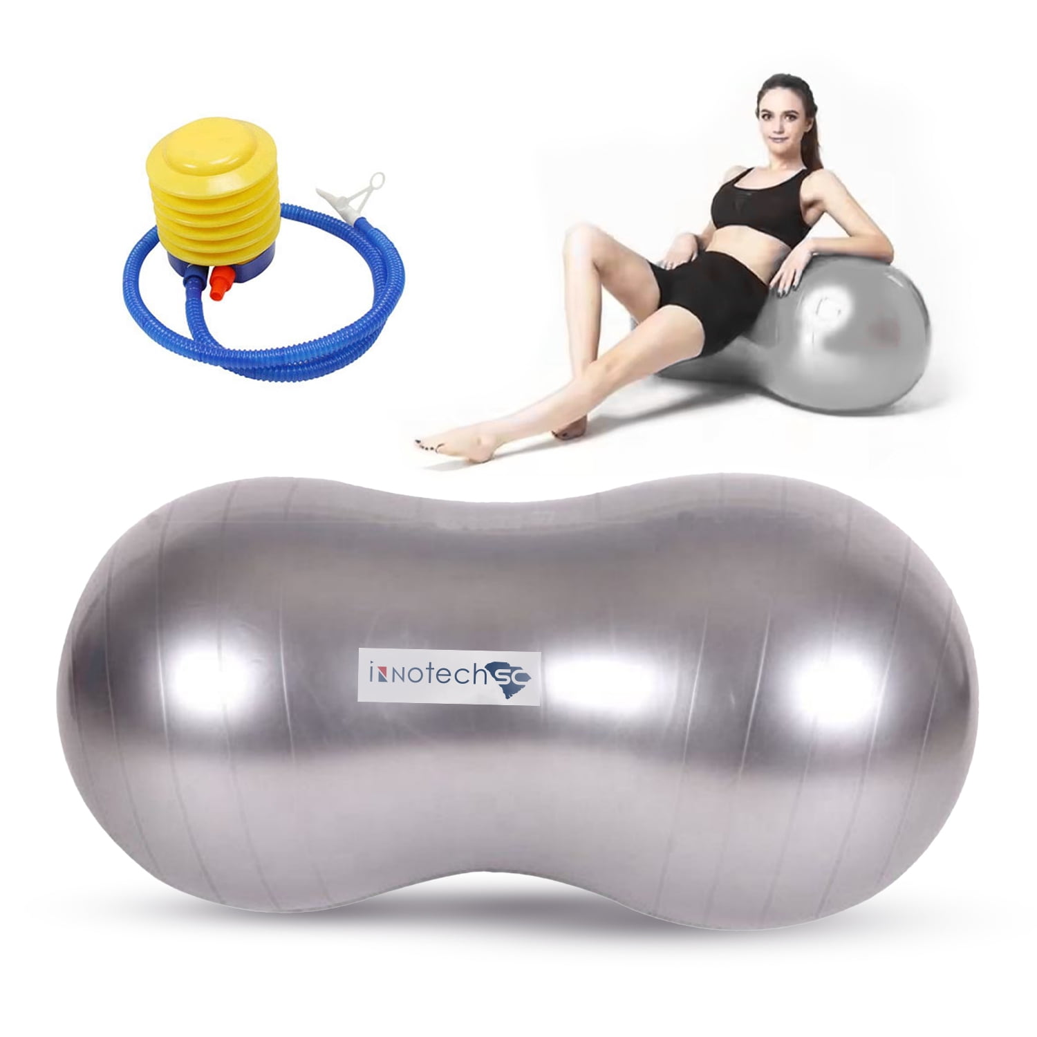 InnotechSC Peanut Ball – Anti-Burst Exercise Ball for Labor, Physical Therapy, Kids, Core Strength, Flexible Seating, Home & Gym Fitness, Sensory Chair Wiggle Seat (Includes Pump) Gray