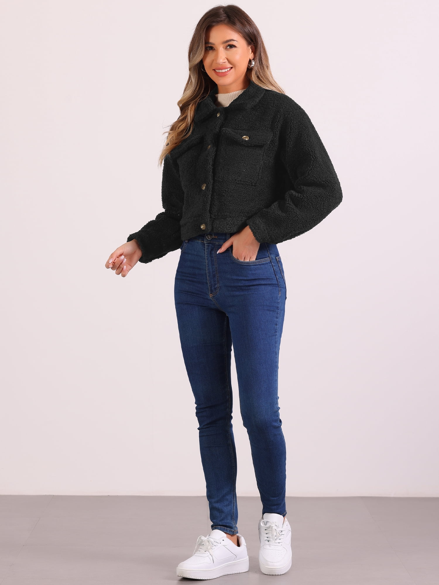 DARING DIVA Women's Fuzzy Fleece Jacket Faux Fur Button Winter Outerwear Short Coat XL Black