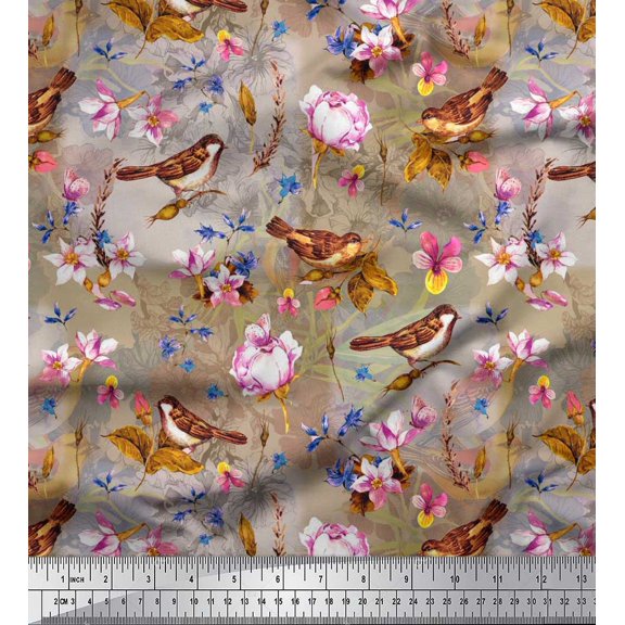 Soimoi Cotton Duck Fabric Leaves,Floral & Sparrow Bird Print Fabric by The Yard 42 Inch Wide
