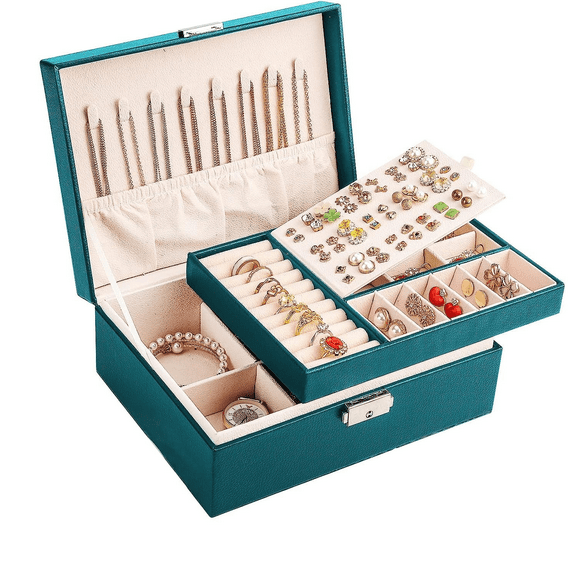 LQQBOX Jewelry Box Organizer for Women Girls, Jewellry Organizer Case 2 Layer Jewelry Holder Organizer PU Leather Soft Lining with Lock for Rings Earrings Necklace Bracelets, Green