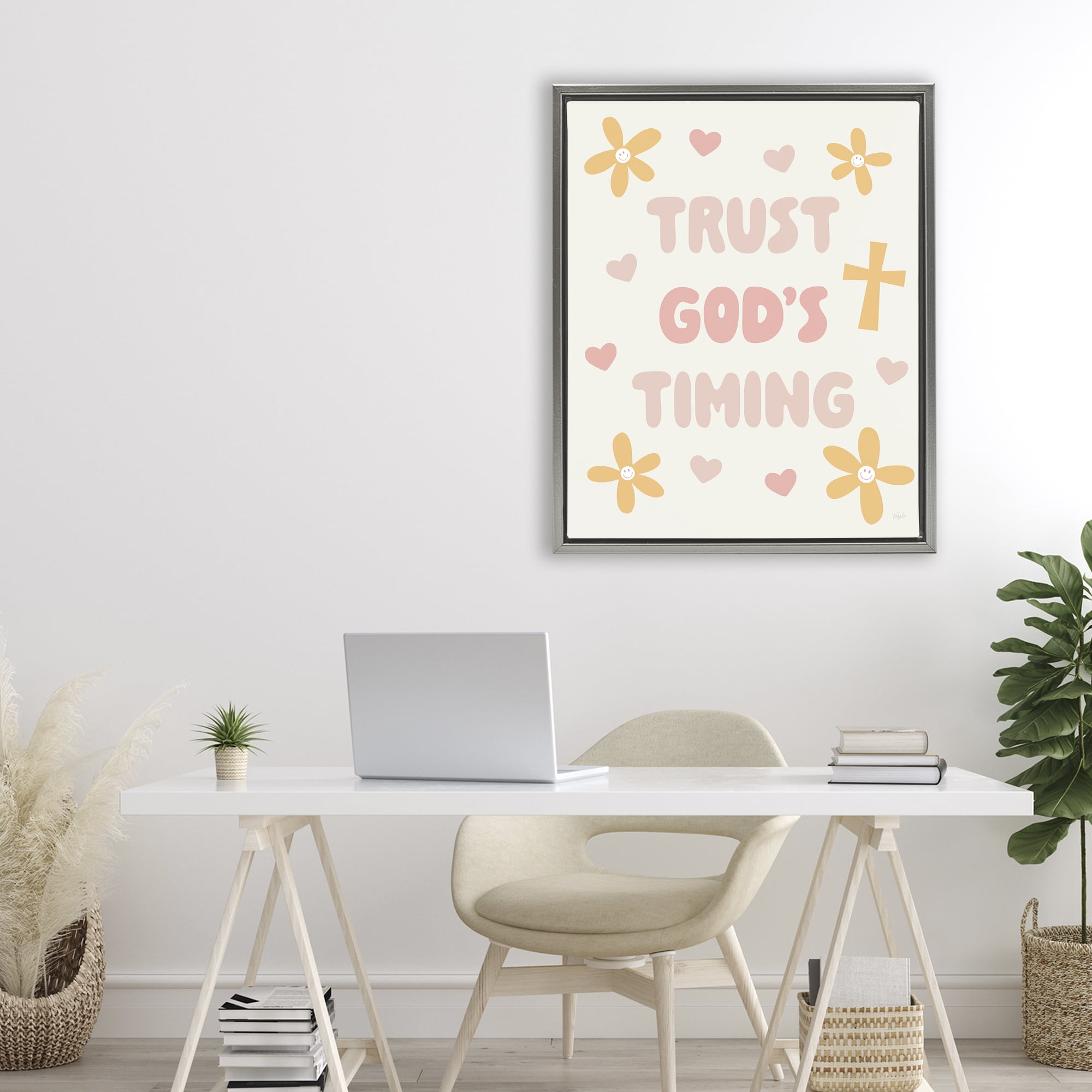 Stupell Industries Retro Trust God's Timing Gray Framed Floater Canvas Wall Art, design by Natalie Carpentieri