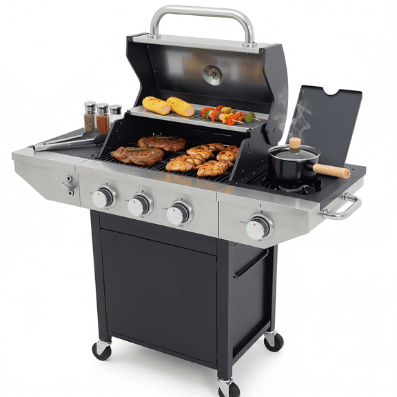 3-Burner 37000 BTU Propane Gas Outdoor Grill with Side Burner, Stainless Steel