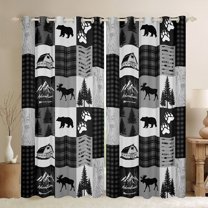 Homewish Jungle Deer Bear Curtains Pack of 2 (42x84 Each),Rustic Outdoor Adventure Curtains Blackout,Gray Checkered Bedroom Curtains For Kids,Ultra Soft Home Decor