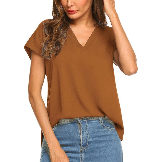 RWJDXD Mode T-Shirt d'Été à Manches Courtes Col en V Blouse en Chiffon Couleur Unie