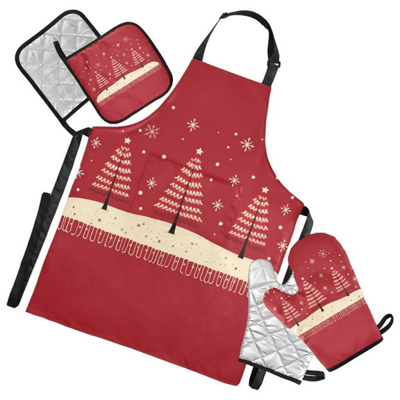 Red Christmas Trees Apron Set with Oven Mitts Pot Holders Set of 5 Kitchen Stuff Accessories