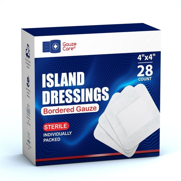 Gauze Care Island Dressing Bordered Gauze 4x4", 28 Pcs, Non-Stick Pad in Centre with Acrylic Adhesive Borders, Sterile, Water-Resistant for First Aid Wound Care