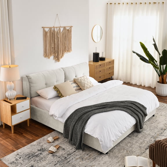 King Size Upholstered Storage Bed, Hydraulic Platform Bed with Chenille Headboard, Under Bed Storage, Modern Luxury Bed Frame, Beige, King