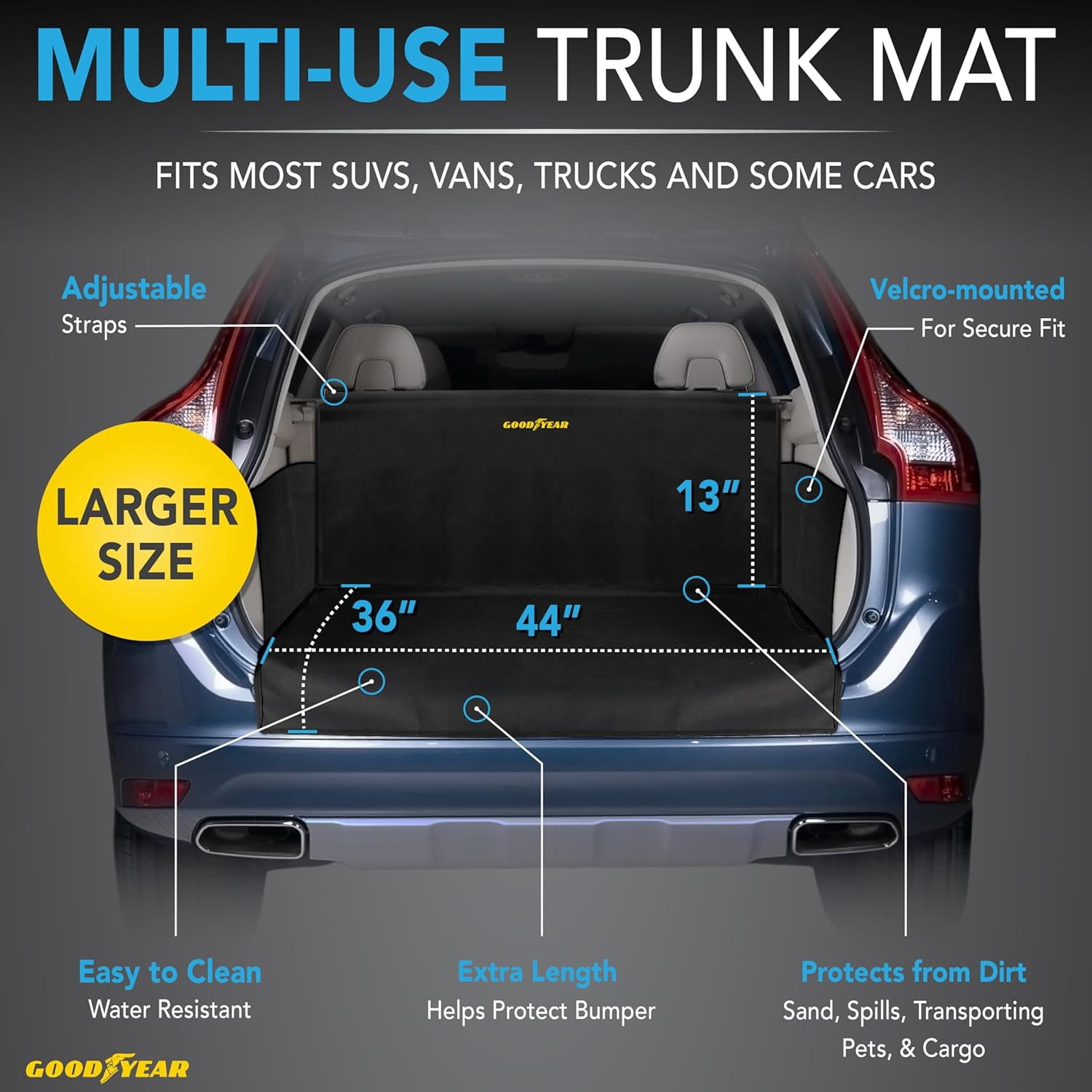 Goodyear, Waterproof, Universal Fit, Trunk Floor Mat, 67 x 61.5 in - Black