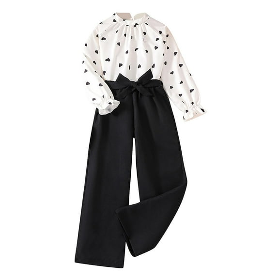 SHTXOZHI Kids Girls Fall Spring Clothing Set 2 Piece Long Sleeve Heart Tops Wide Leg Pants 7-12 Years