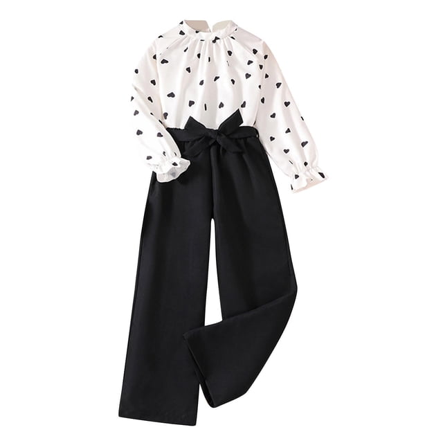 Odeerbi 7-12 Años Conjunto de San Valentín Para Niñas Tops de Manga Larga Con Estampado de Amor Pantalones de Pata Ancha Conjunto de Dos Piezas Conjunto de Tres Piezas