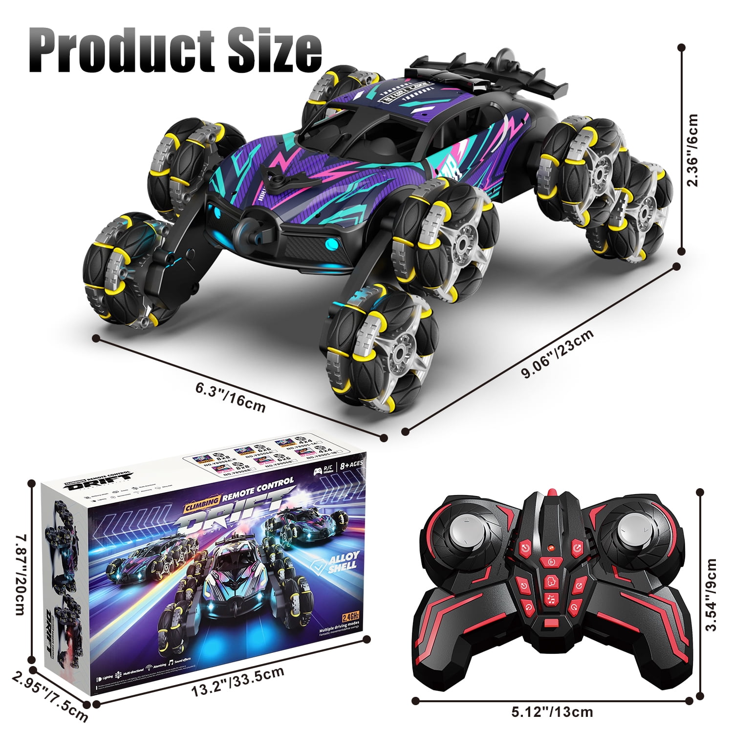 Remote Control Cars, 8WD RC Cars Toys for 7 8 9 10 11 12 Year Old Boys Toy, 2.4Ghz Fast Stunt, Transform Drift Stunt Cars for Age 8-12 Outdoor Toys, w/Light & Smoke, Perfect Birthday Gift
