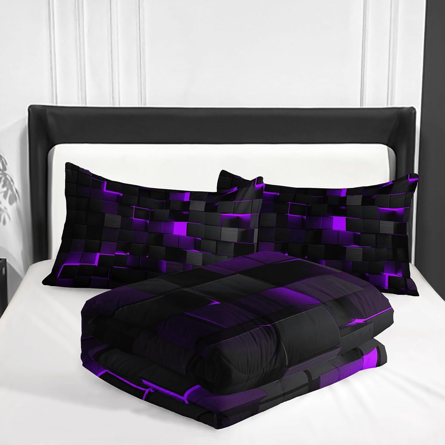 Flymme Black and Purple Comforter Set King Size,3 Piece Modern Neon Geometric Checkered Bedding Abstract Square Plaid Bed Set for Teen Men Gamer Room Decor