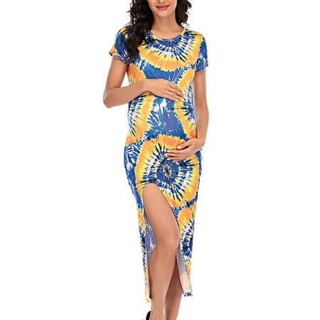 

S LUKKC LUKKC Women s Pregnants Plus Size Tie Dye Print Side Split Slim Midi Dress for Photography Round Neck Short Sleeve Sexy Elegant Maternity Dress Pregnancy Clothes Summer Beach Sundress