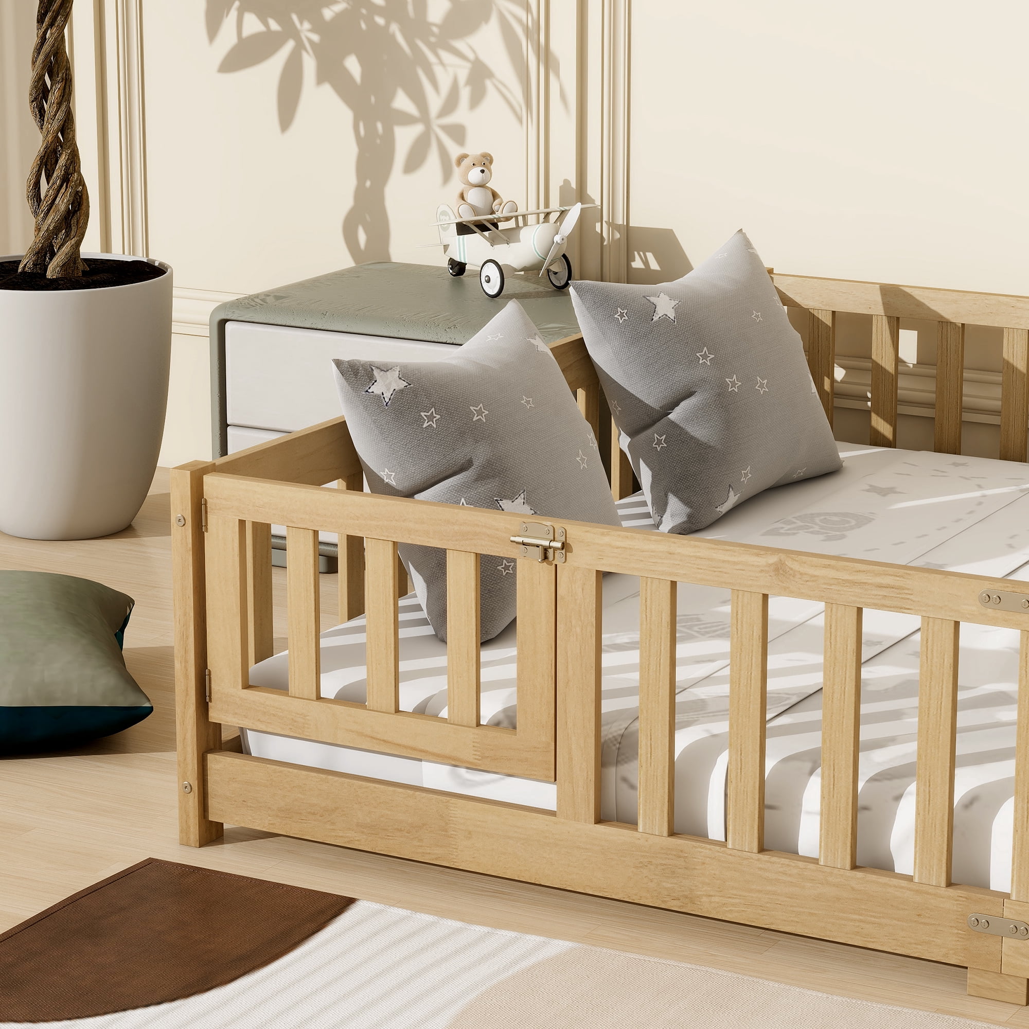 Queen Size Rubber Wood Montessori Floor Bed with Full Surround Safety Guardrails & Access Door, 7 Plywood Slats Support, No Box Spring Needed, 500LBS Capacity for Kids Bedroom