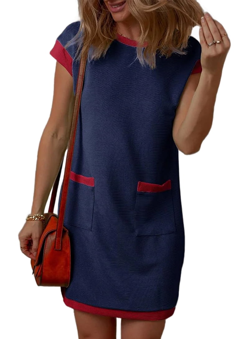 Women'S Casual Summer Dresses Fashion Cap Sleeve Color Block Crewneck Shift Tshirt Mini Dress Blue L