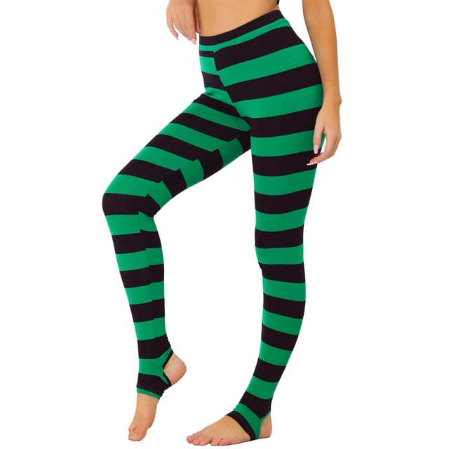 Allegra K Las polainas del traje de la Navidad de las mujeres imprimieron los pantalones del estribo de la yoga de la cintura elástica de la cintura alta Raya verde negra XS