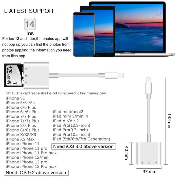 ® Adaptateur Lightning vers Lecteur de Carte SD, Lightning to SD Card  Camera Reader Adapter pour Apple iPhone 5/5S/SE/6/6S/6 Plus/7/7 Plus/iPad