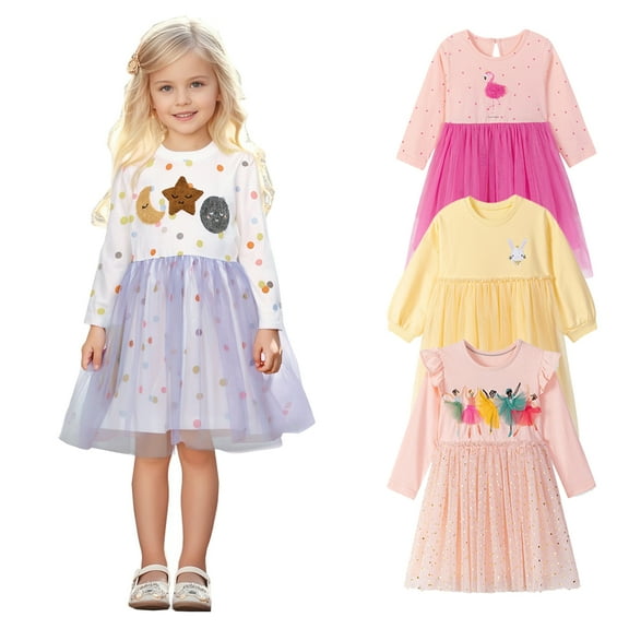 Bellafa Toddler Girls Casual Fairy Applique Tulle Dress Ruffle Long Sleeve Princess Girls Sparkle Tutu Dress For 2-7 Years