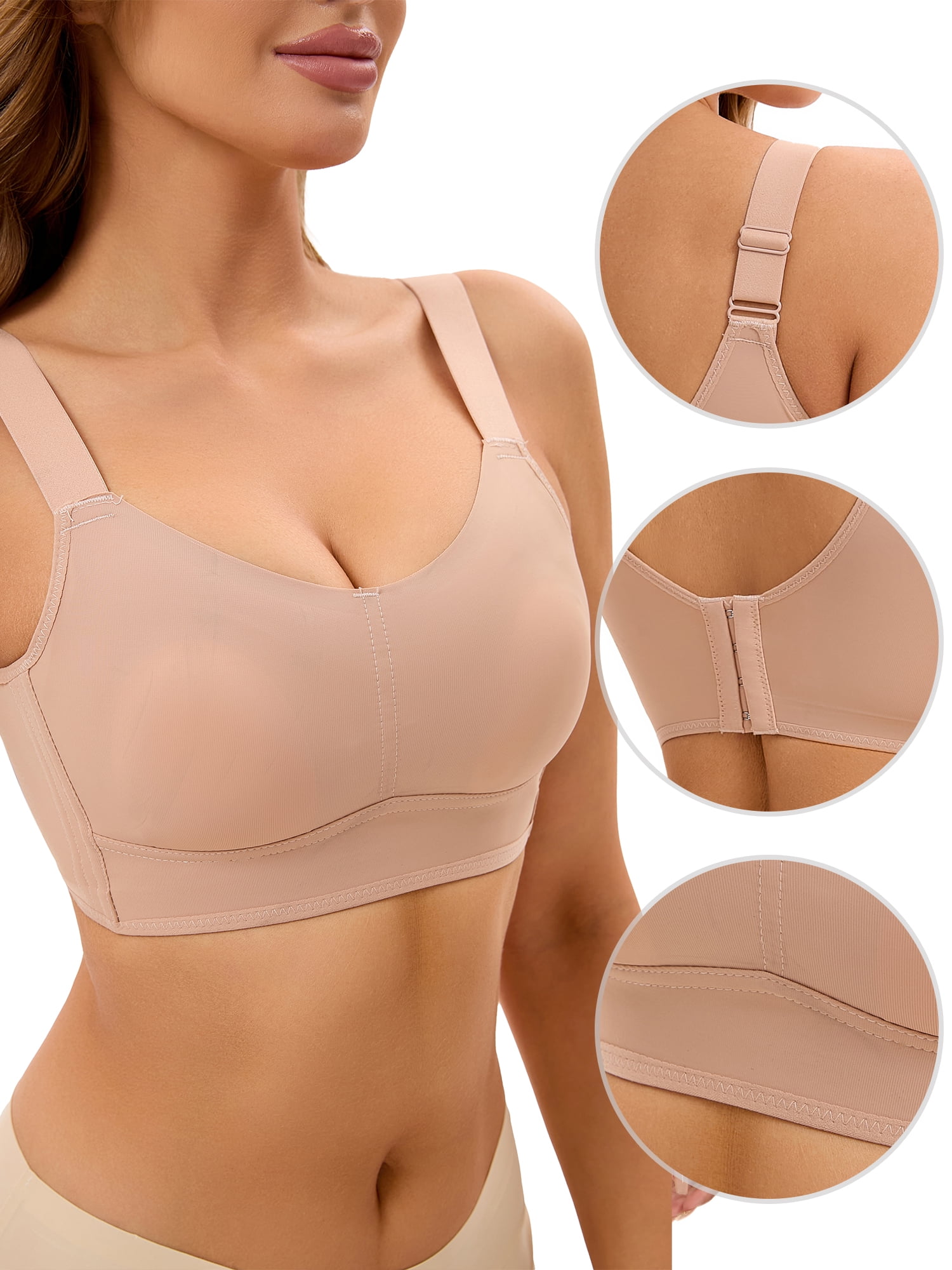 Unique Bargains Women's Full Coverage Push Up V Neck Bras Adjustable Straps L Beige