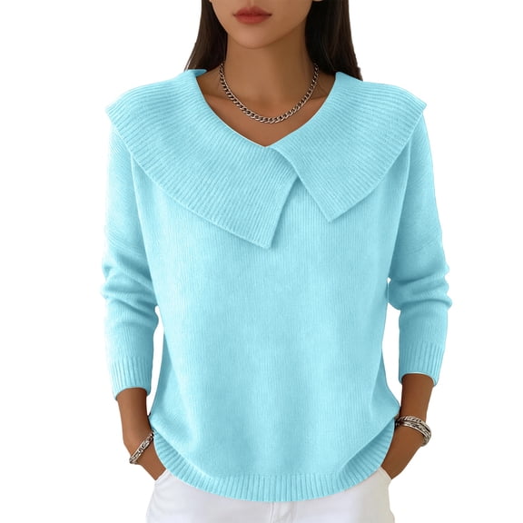Lumtrix Cozy Sweaters For Women 2026 Knitted Casual Loose Pullover Fashion Shawl Collar Long Sleeve Fall Spring Clothes Trendy Tops Light Blue 2XL