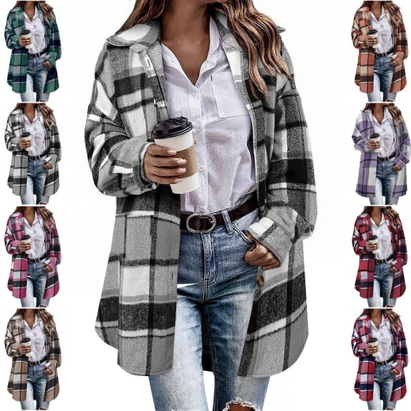 TGSLY Fall Wool Blend Plaid Cardigan Coat for Women Lightweight Soft Collared Button Down Long Sleeve Shacket Loose Causal Mid Length Layering Jacket with Pockets XL