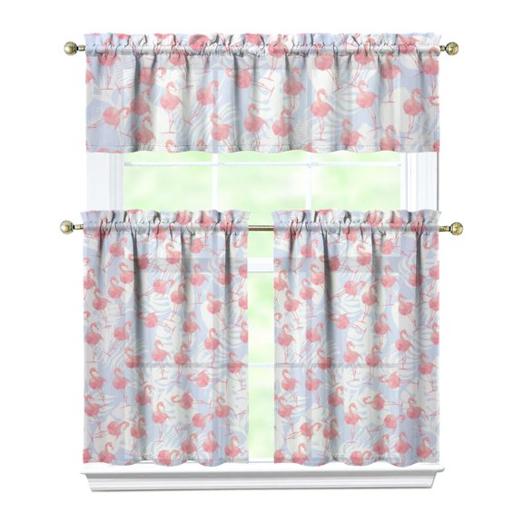 Kitchen Curtains 36 Inch Short - 3 Panel Set, Flamingo Tropical Bird Print, Rod Pocket Window Curtain, 100% Polyester for Hawaiian Summer Beach Decor, Easy Wash