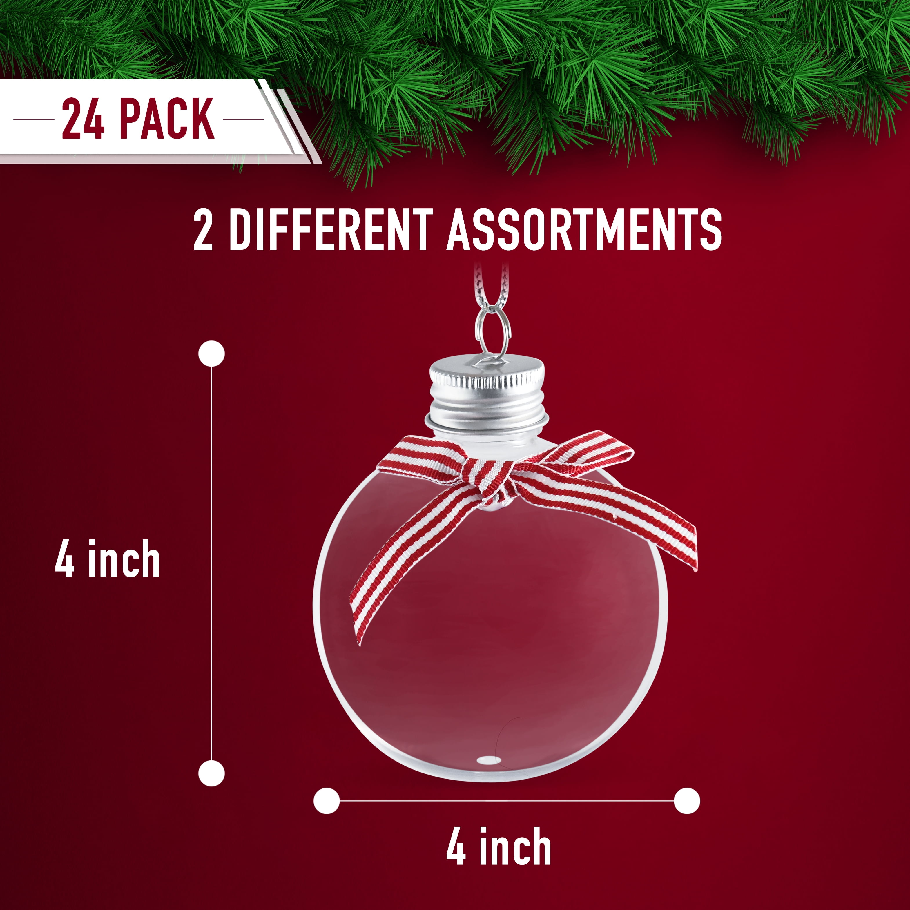 R N' D Toys Clear Fillable Ornaments Shatterproof Transparent Plastic Craft Ornament Balls Décor, Red, White Ribbon - DIY Christmas Sphere Pack of 24