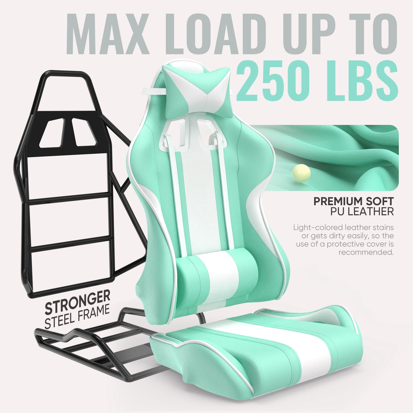 SOONTRANS Gaming Chair with Footrest, Girl Leather Gamer Game Chair for Adult, Reclining Adjustable Game Office Chairs Massage Pillows, Video Computer Chair with Bunny Ears, Green