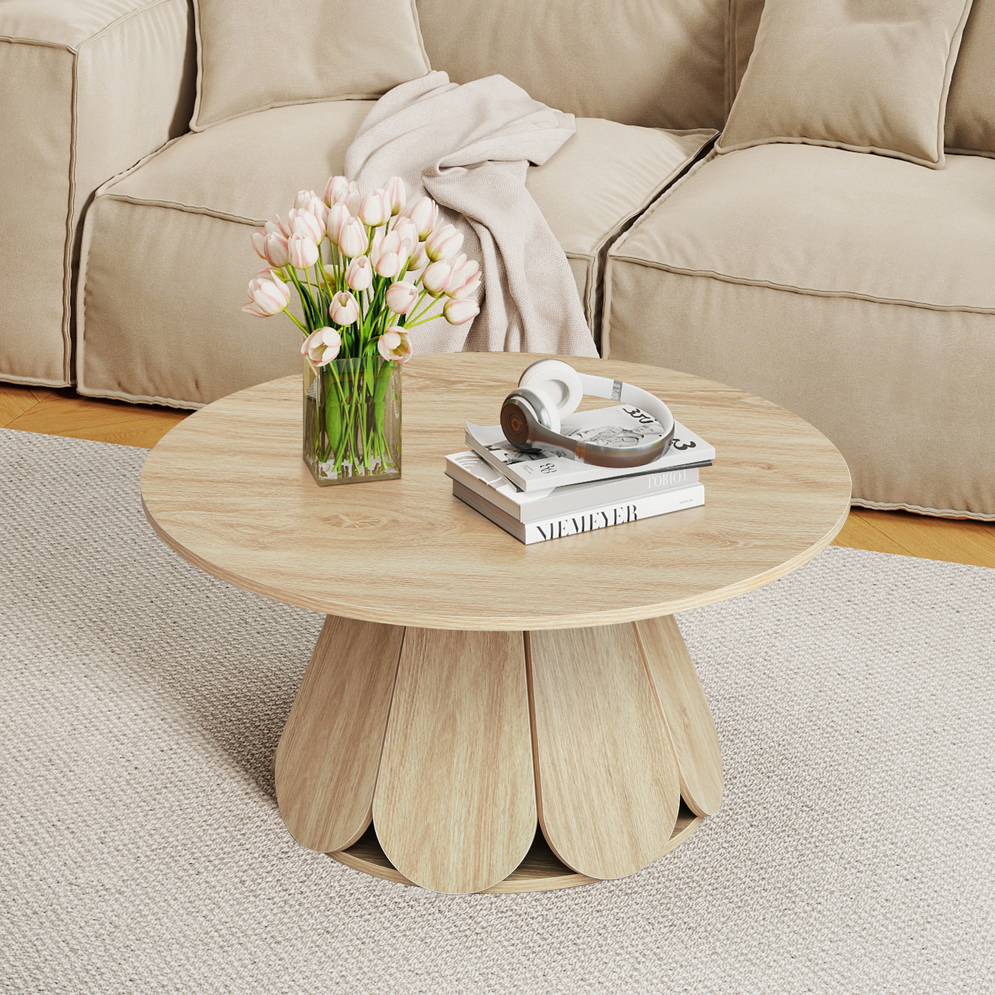YOCWO 31.5" Small Round Coffee Table for Small Apartment Living Room, Modern Beige Coffee Table with Petal Base