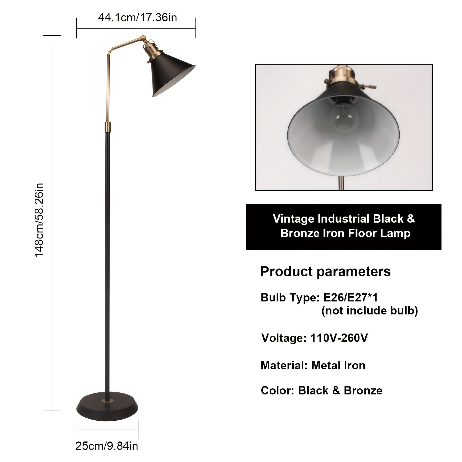 Floor Lamp Standing Lamps for Living Room with 360° Adjust Black & Bronze Iron Shade, Use E26 A19 Bulb Floor Lamp, 58.26'' Modern Standing Tall Light for Bedroom Office