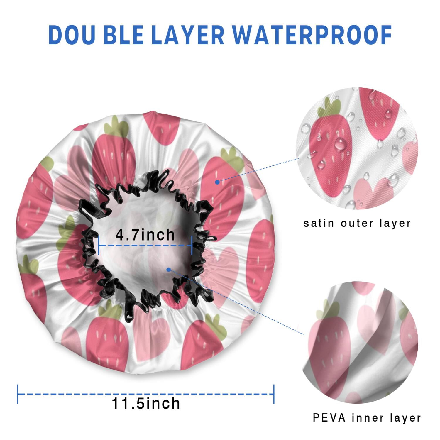Shower Caps,Strawberry Plants Fruit Heart White Pattern Waterproof Shower Cap for Women 4 Pieces,Double Reusable Hair Cover for Shower PEVA Elastic Stretch Hem