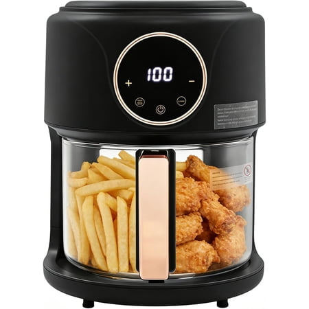 Glass Airy Fryer, 4.2L/3.81Qt Viewable Airy Fryer with Transparent Bowl & Digital Display for Roasting, Baking, Frying, Chicken, French Fries, 8 Preset Mode, Touch Screen, 60 Min Timer (Black)
