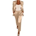 thumbnail image 4 of Mifsaly Womens Suits 2 Piece Set Business Casual Silk Satin Open Front Long Sleeve Jacket and High Waisted Straight Leg Pants with Pockets Lightweight Soft Office Work Matching Outfits Gold,XL, 4 of 5