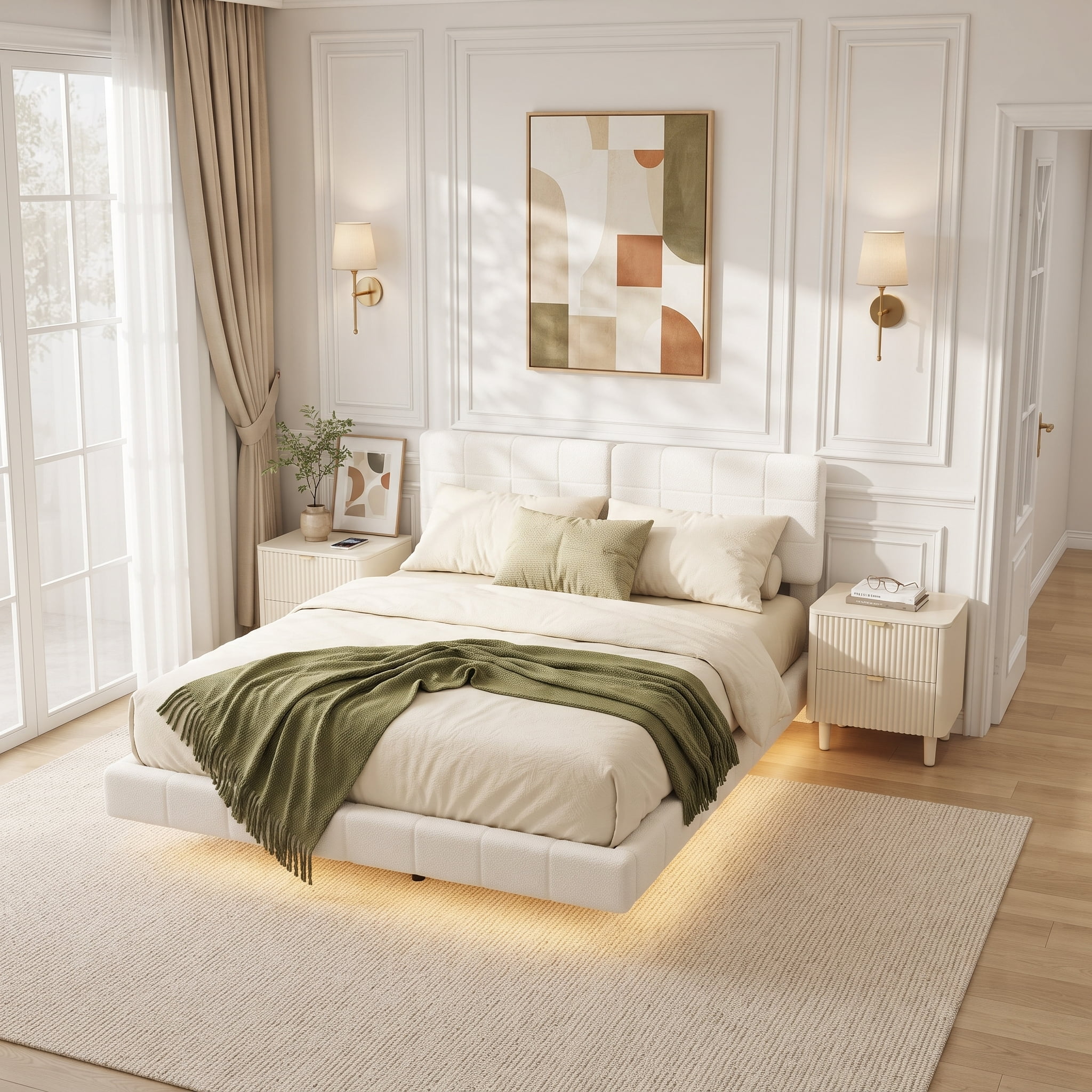 Mintazer King Size Floating Upholstered Platform Bed Frame with Grid Tufted Headboard and LED Lights, Boucle Fabric Bed for Bedroom, No Box Spring Needed, White