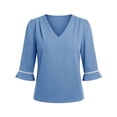 thumbnail image 5 of VEKDONE Women's V Neck Top Elegant Puff 3/4 Sleeve Solid Color Tunic Tops Fashion Business Work T Shirts Summer Loose Fit Going Out Tees Light Blue L, 5 of 8