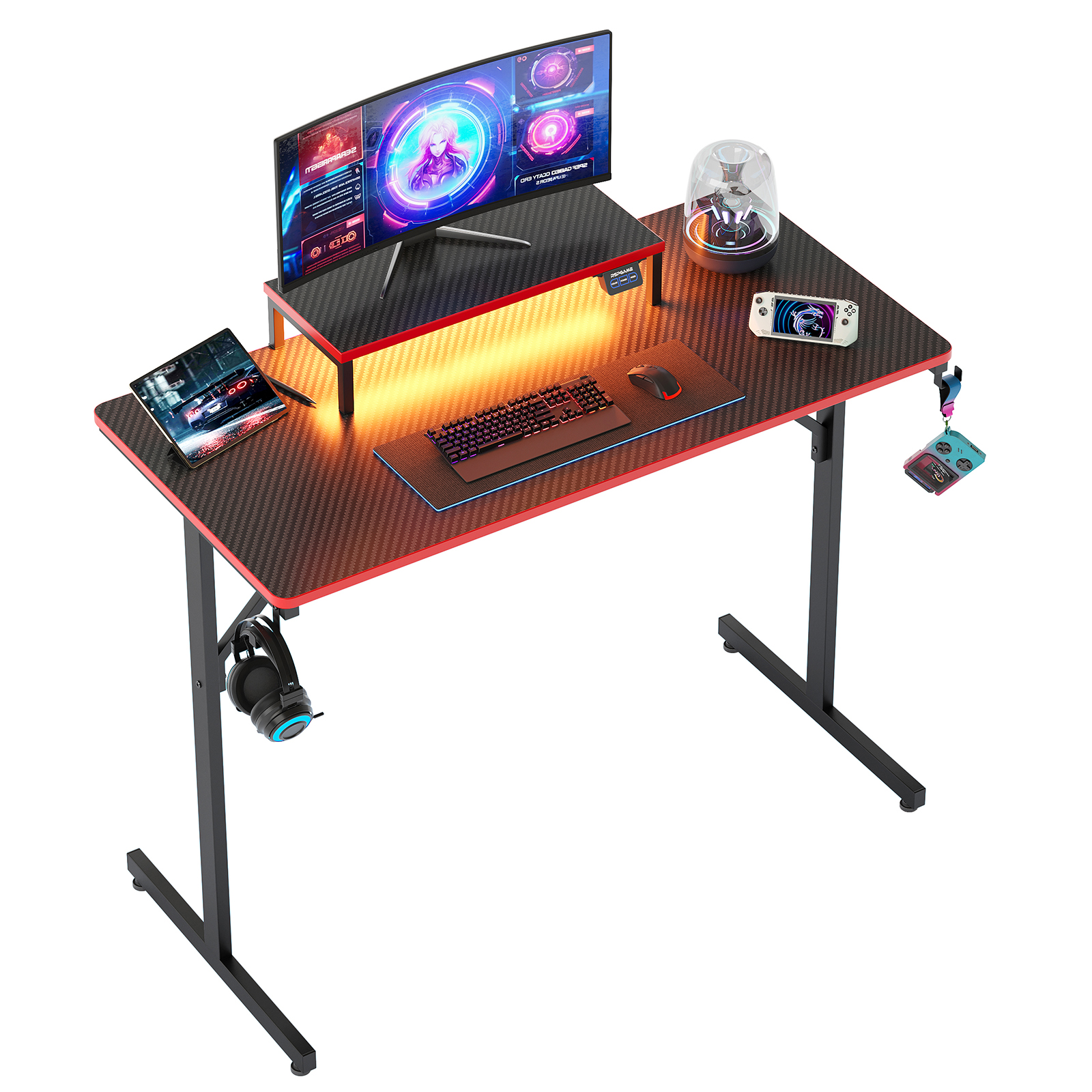 RSPGAME 39" Gaming Desk with LED Lights and Monitor Stand, Red photo 5