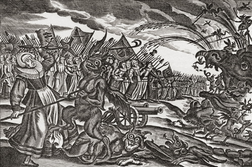From a 17th century German satirical pamphlet on bad women An army of women appear to be confronting an army of monsters led by a devil like creature From Illustrierte Sittengeschichte vom Mittelalter