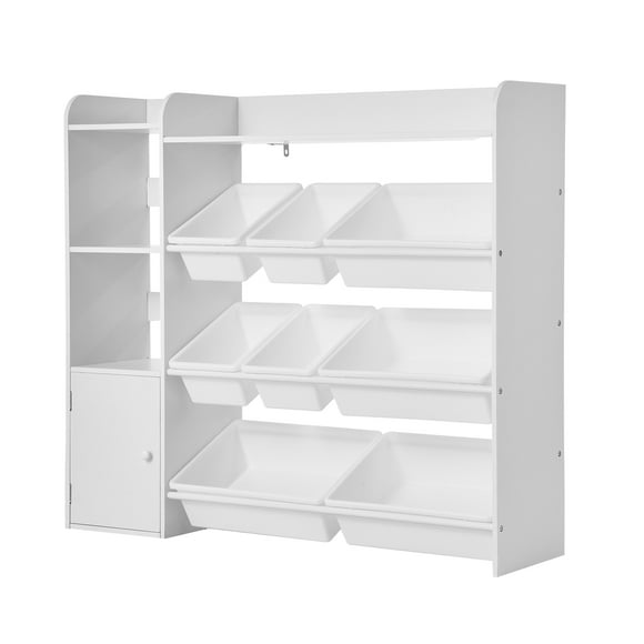 KFFKFF Rangement et Bibliothèque pour Jouets pour Enfants, Organisateur de Rangement pour Jouets à 4 Niveaux avec 8 Bacs en Plastique Flexibles, Casier pour Enfants avec Bibliothèque pour Salle d'Étude, Chambre, Salle de Jeux, Salle de Classe, Garderie, Blanc