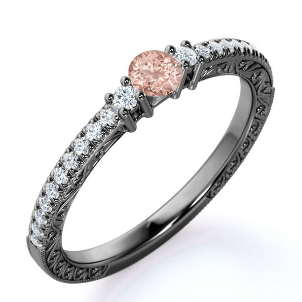 JeenMata Anillo de Compromiso Sencillo de 0,75 Uds, Morganita Rosa Redonda Creada, de Inspiración Vintage, Piedra Natal de Octubre, Delicado, Oro Negro de 18 K sobre Plata