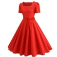 thumbnail image 4 of Cavosen 1950s Dresses for Women Solid Color Short Sleeve Dresses Vintage Knee Tea Dress Midi A Line Dress Square Neck Party Dress Evening Prom Gown Bowknot Belt Cocktail Fit and Flare Dress, 4 of 9