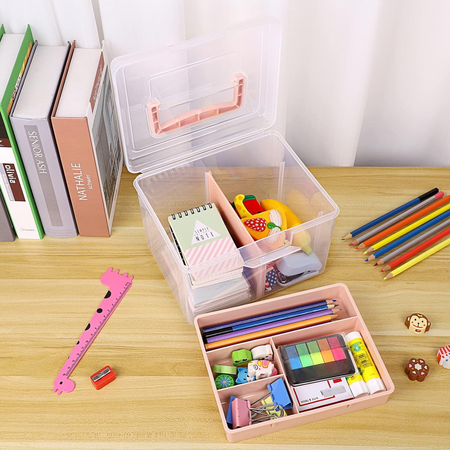 ABPETE 2 Layer Clear Plastic Dividing Storage Box with Removable Tray Multipurpose Stationery Storage Box with Handle Portable Sewing Box Art Craft Supply Organizer Home Utility Box (Small Pink)