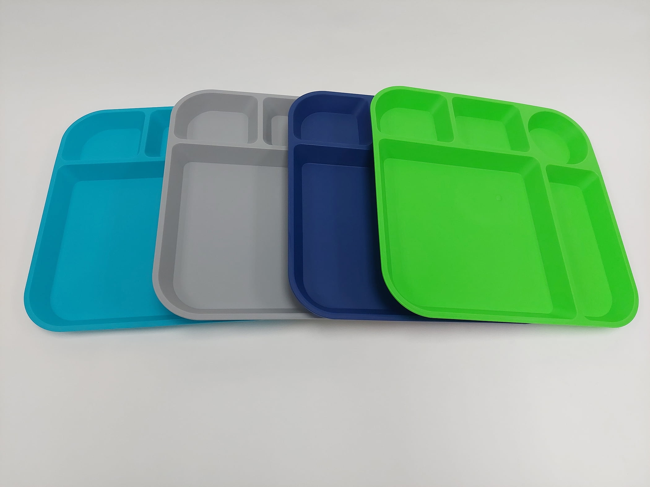 Your Zone 24 Piece Plastic Dinnerware Set for Kids with 4 Each Trays Bowls Plates Cups Forks Spoons in Orange Blue Aqua Green